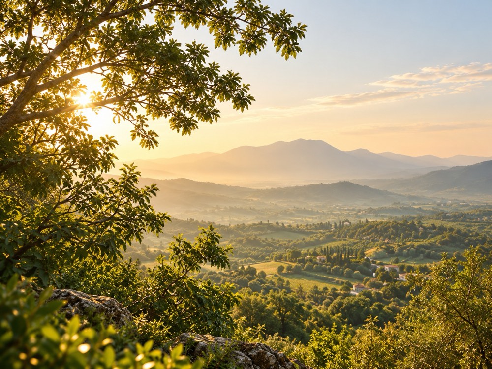 Sunlit mountain landscape framed by trees